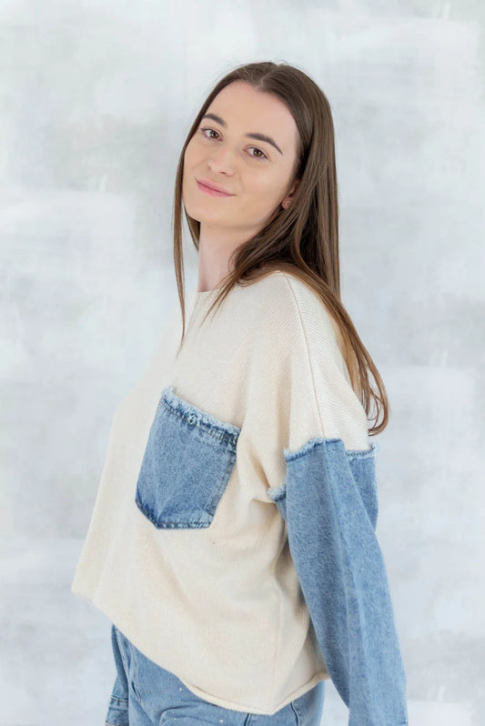 Bluză bej cu detalii denim 2001-007 - NIZIA