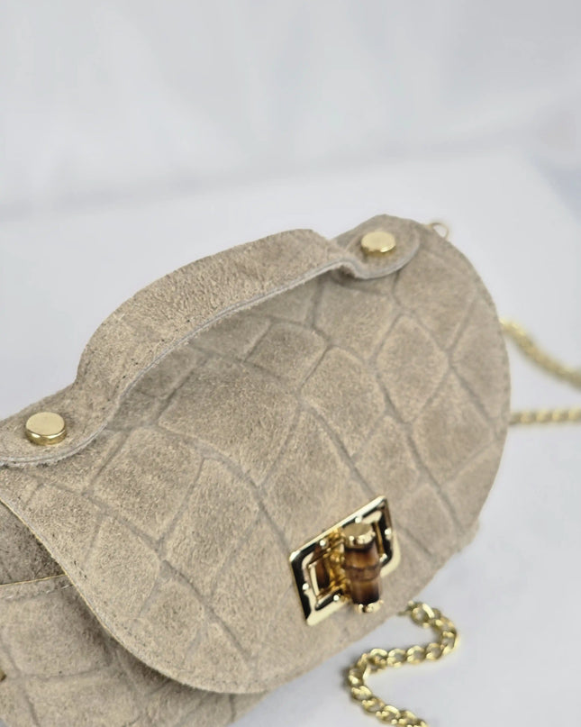 Geantă Mini Suede Croco Bej din 100% Piele Naturală
