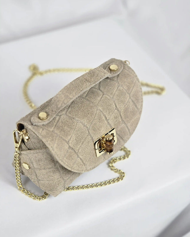 Geantă Mini Suede Croco Bej din 100% Piele Naturală