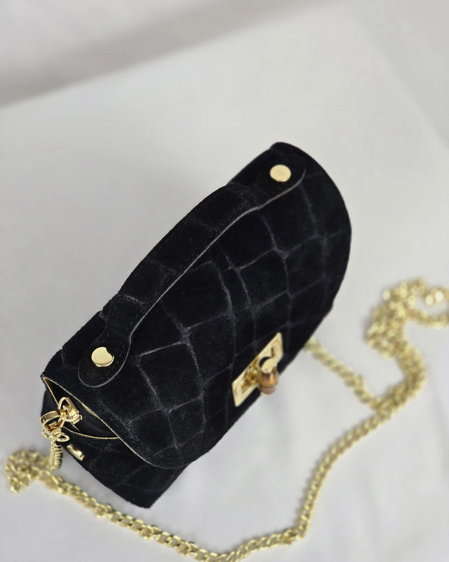 Geantă Mini Suede Croco din 100% Piele Naturală - negru