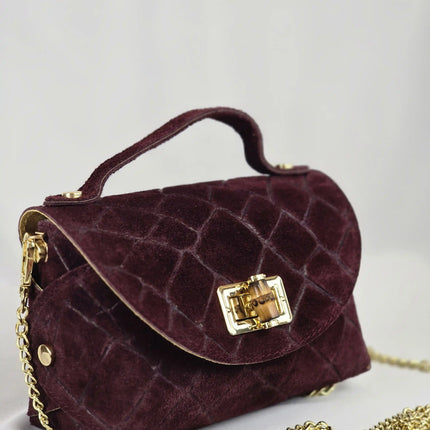 Geantă Mini Suede Croco Burgundy din 100% Piele Naturală