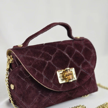 Geantă Mini Suede Croco Burgundy din 100% Piele Naturală