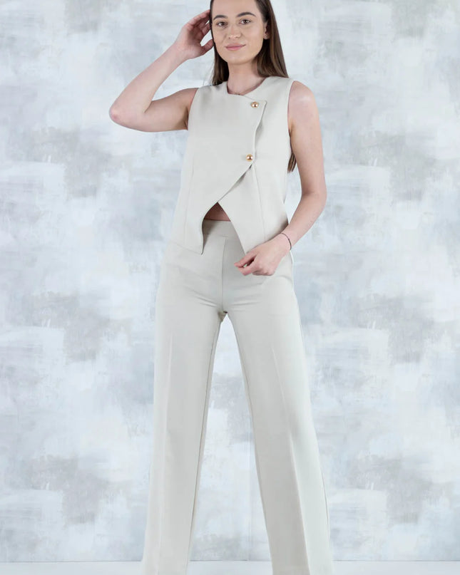 Compleu crem elegant 2 Piese – Vestă Asimetrică și Pantaloni cu Croi Drept 5008-010 - NIZIA