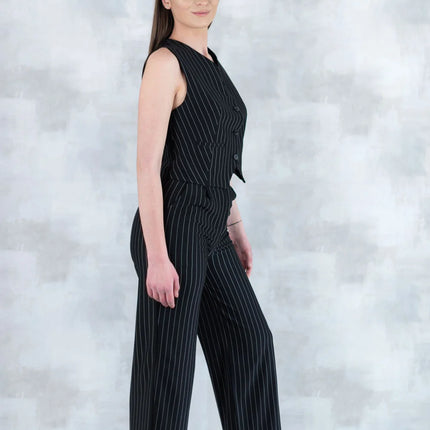 Compleu Negru în Dungi – Vestă și Pantaloni 5001-010 - NIZIA