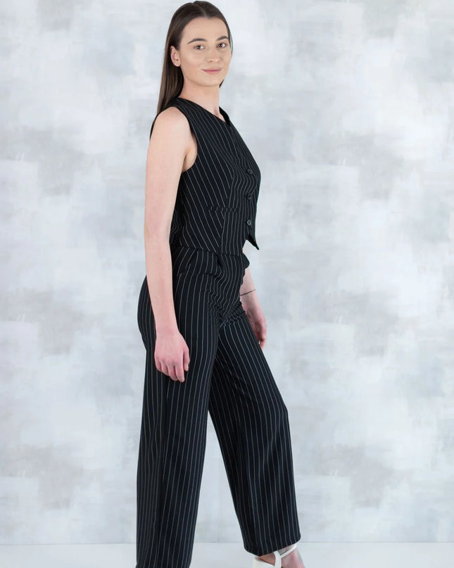 Compleu Negru în Dungi – Vestă și Pantaloni 5001-010 - NIZIA