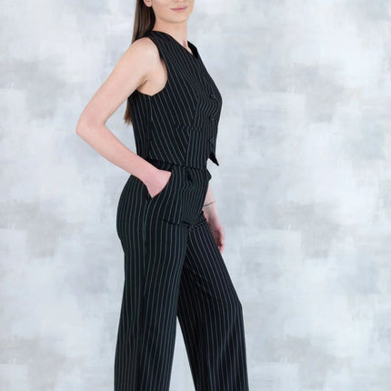 Compleu Negru în Dungi – Vestă și Pantaloni 5001-010 - NIZIA
