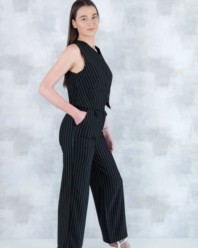Compleu Negru în Dungi – Vestă și Pantaloni 5001-010 - NIZIA