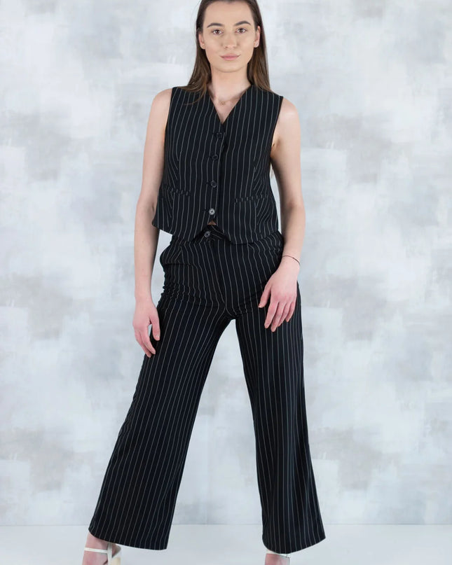 Compleu Negru în Dungi – Vestă și Pantaloni 5001-010 - NIZIA