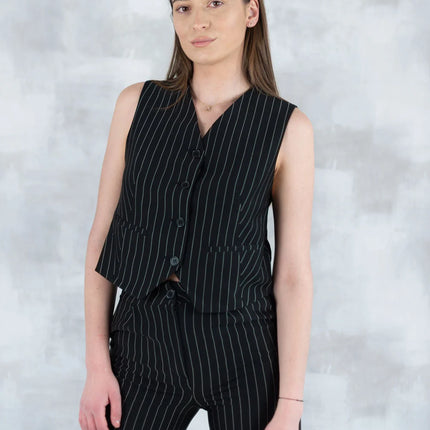 Compleu Negru în Dungi – Vestă și Pantaloni 5001-010 - NIZIA