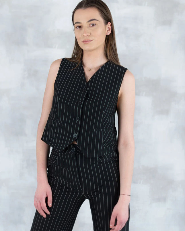 Compleu Negru în Dungi – Vestă și Pantaloni 5001-010 - NIZIA