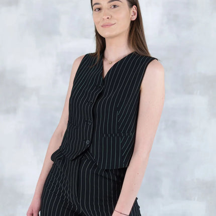 Compleu Negru în Dungi – Vestă și Pantaloni 5001-010 - NIZIA