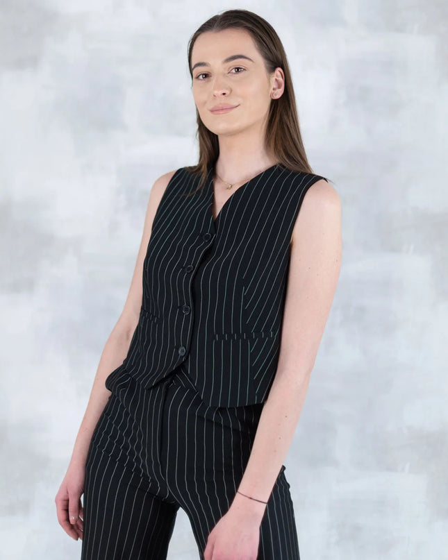 Compleu Negru în Dungi – Vestă și Pantaloni 5001-010 - NIZIA