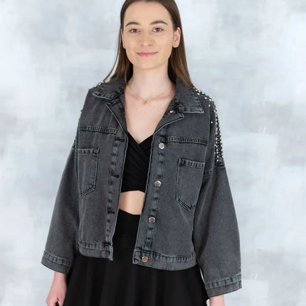 Jachetă denim  cu aplicații stea – negru - Statement Urban 7003-012 - NIZIA
