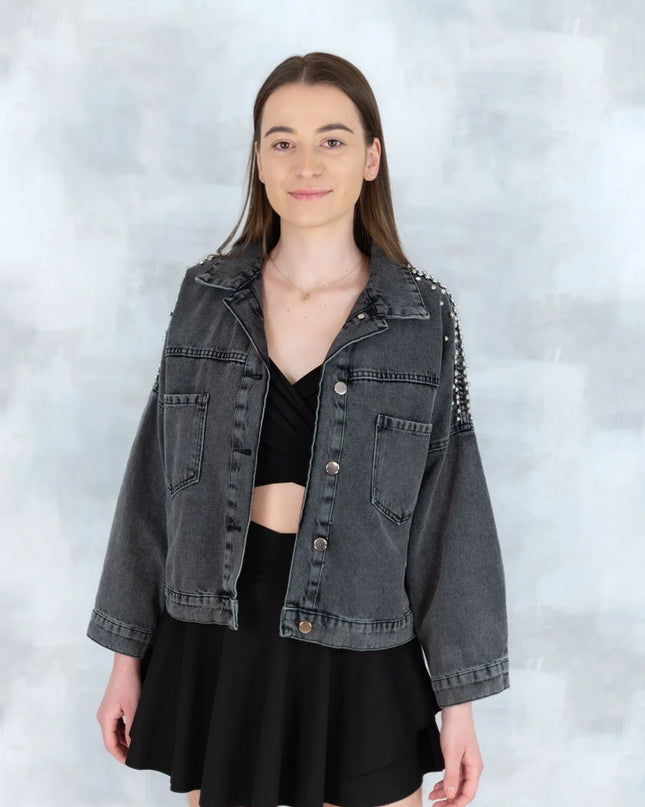Jachetă denim  cu aplicații stea – negru - Statement Urban 7003-012 - NIZIA