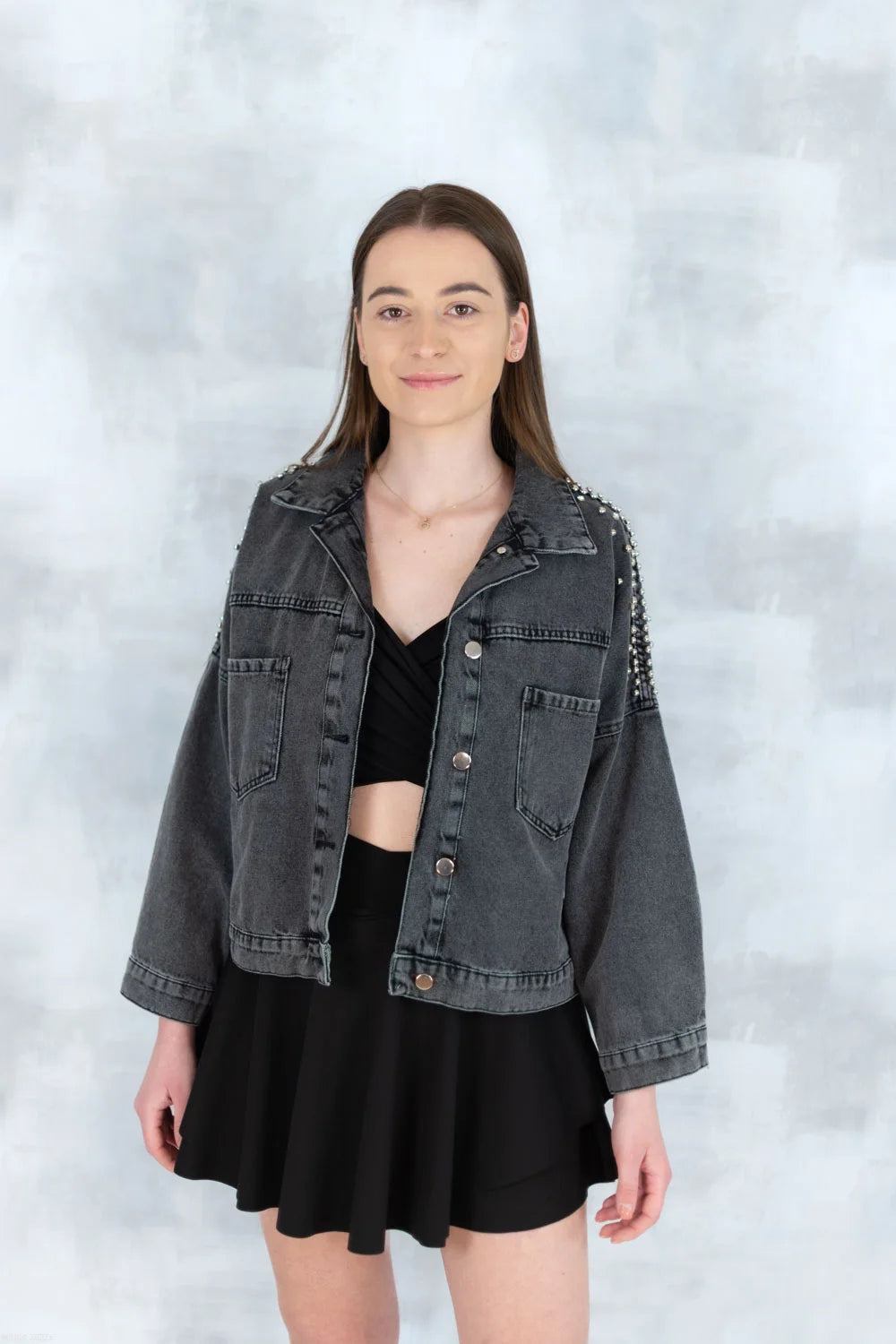 Jachetă denim  cu aplicații stea – negru - Statement Urban 7003-012 - NIZIA