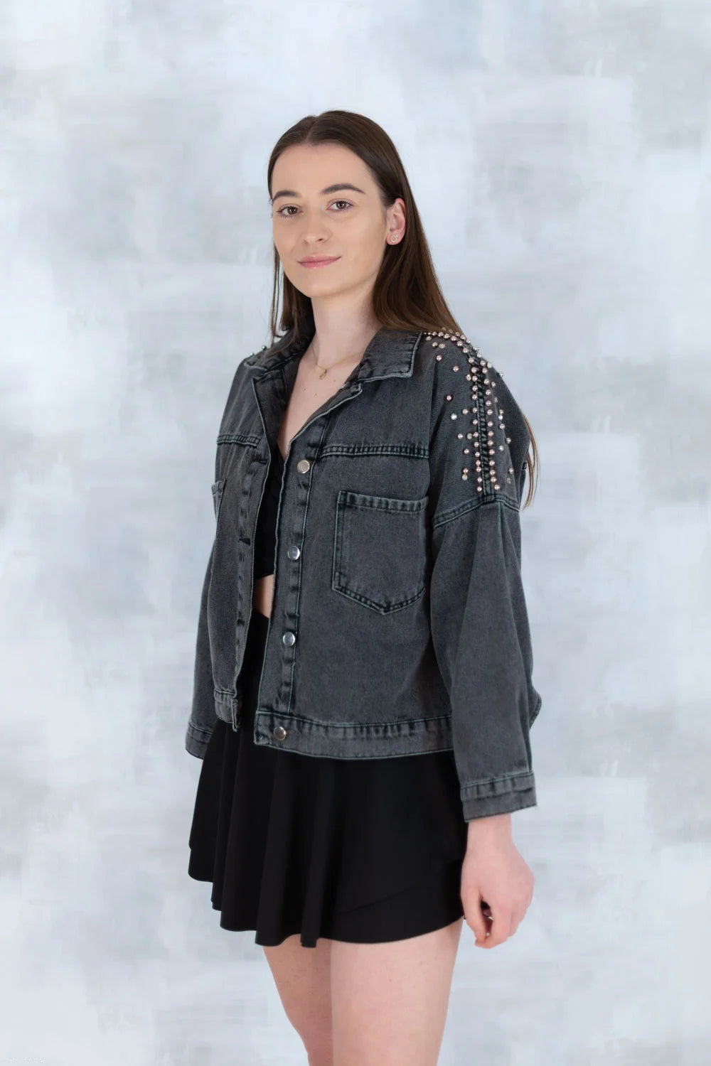 Jachetă denim  cu aplicații stea – negru - Statement Urban 7003-012 - NIZIA