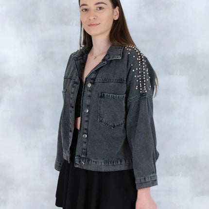 Jachetă denim  cu aplicații stea – negru - Statement Urban 7003-012 - NIZIA