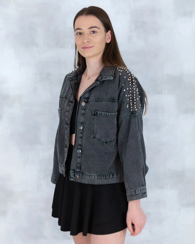Jachetă denim  cu aplicații stea – negru - Statement Urban 7003-012 - NIZIA