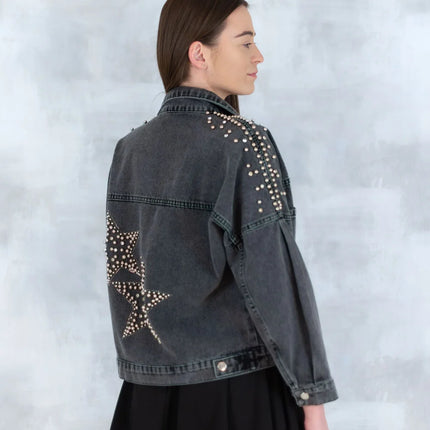 Jachetă denim  cu aplicații stea – negru - Statement Urban 7003-012 - NIZIA