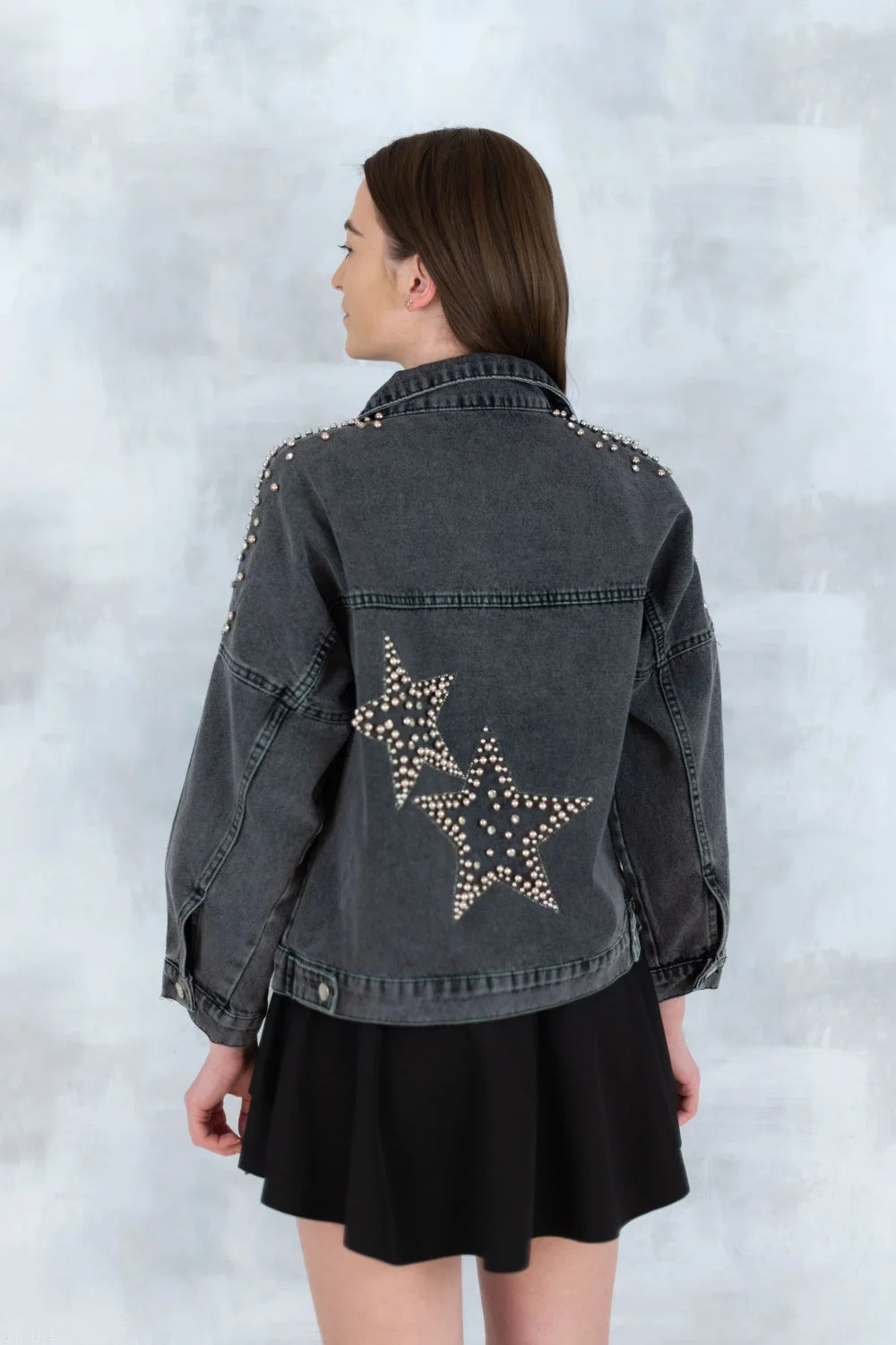 Jachetă denim  cu aplicații stea – negru - Statement Urban 7003-012 - NIZIA