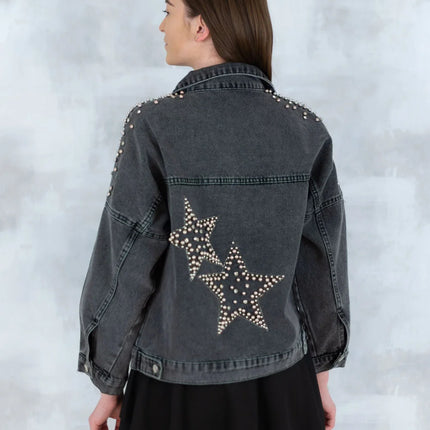 Jachetă denim  cu aplicații stea – negru - Statement Urban 7003-012 - NIZIA