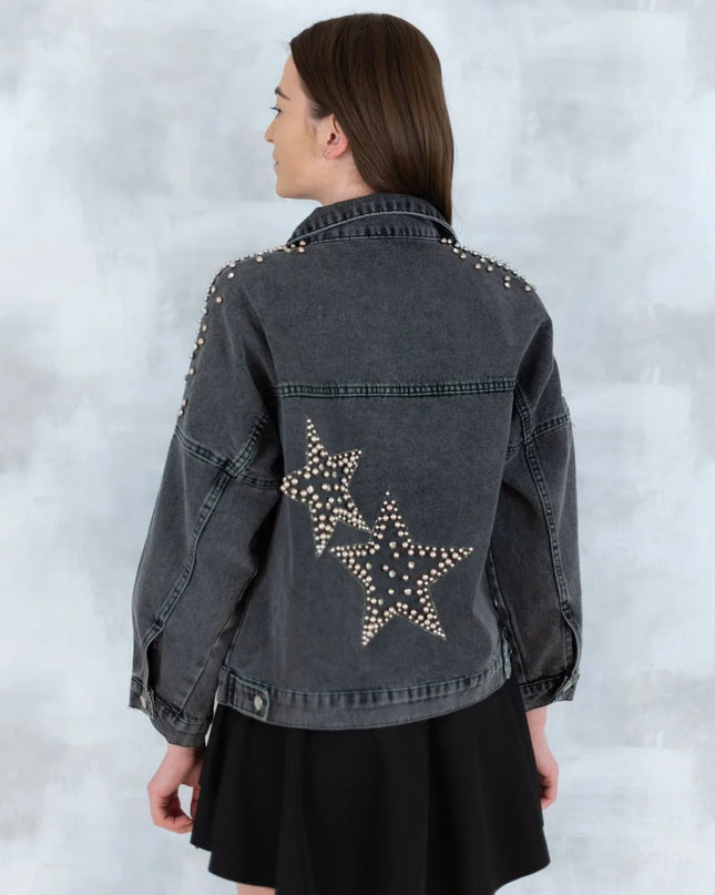 Jachetă denim  cu aplicații stea – negru - Statement Urban 7003-012 - NIZIA
