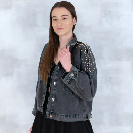 Jachetă denim  cu aplicații stea – negru - Statement Urban 7003-012 - NIZIA
