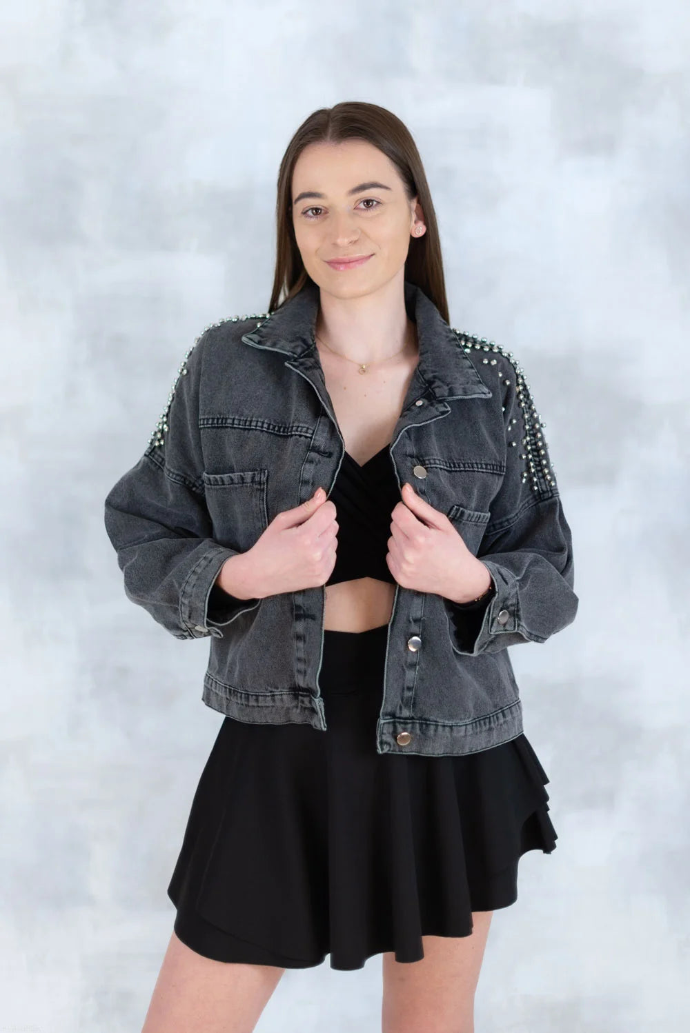 Jachetă denim  cu aplicații stea – negru - Statement Urban 7003-012 - NIZIA