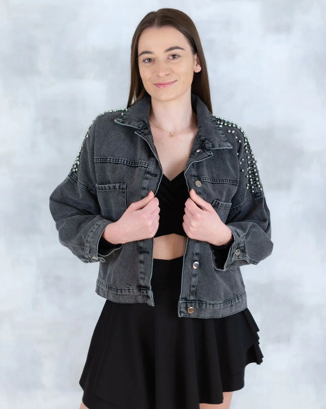 Jachetă denim  cu aplicații stea – negru - Statement Urban 7003-012 - NIZIA