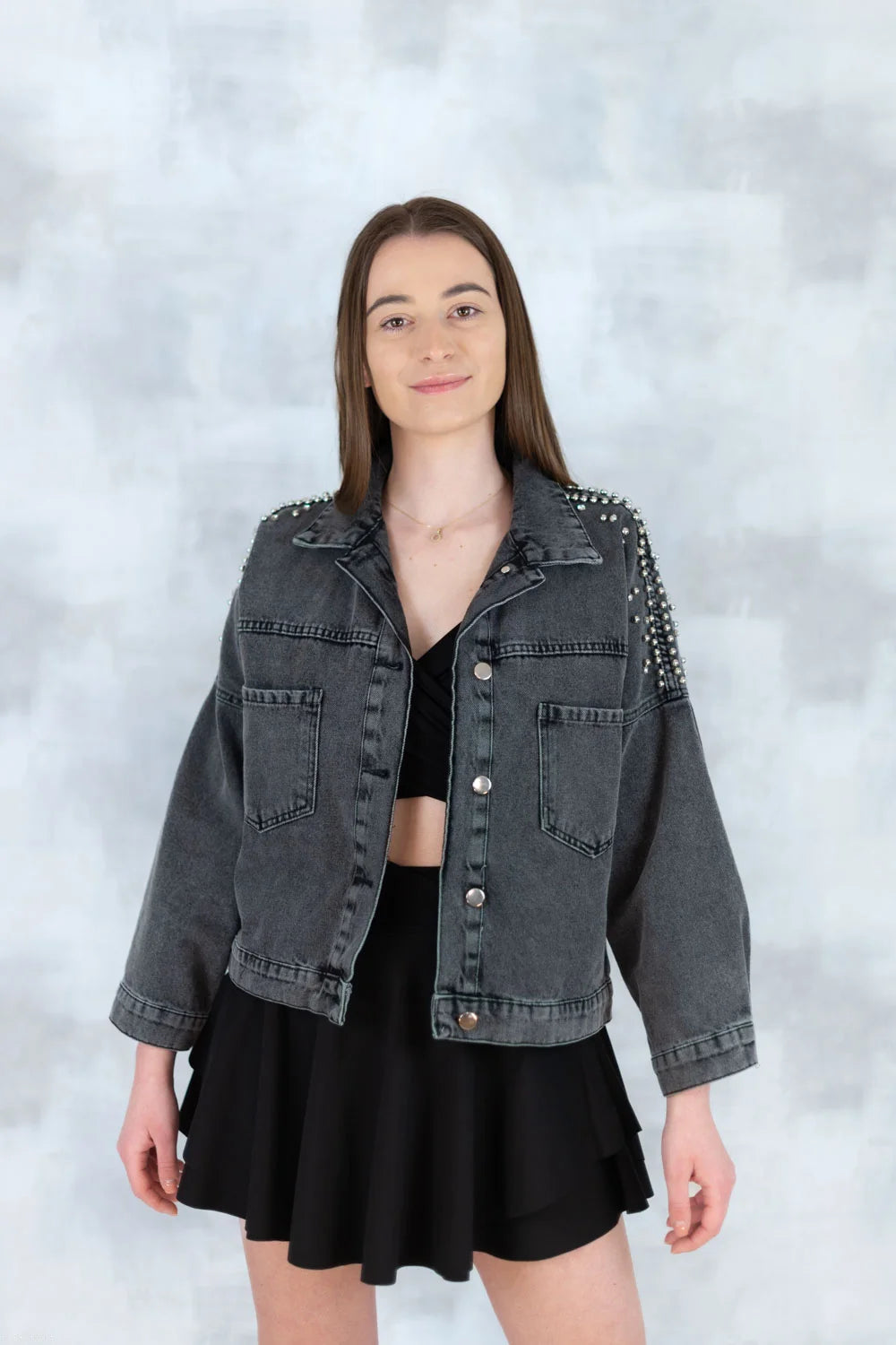 Jachetă denim  cu aplicații stea – negru - Statement Urban 7003-012 - NIZIA