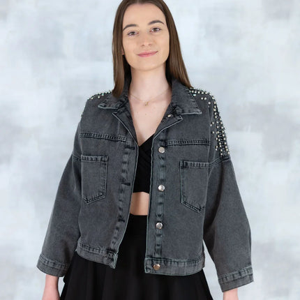 Jachetă denim  cu aplicații stea – negru - Statement Urban 7003-012 - NIZIA