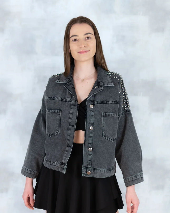 Jachetă denim  cu aplicații stea – negru - Statement Urban 7003-012 - NIZIA