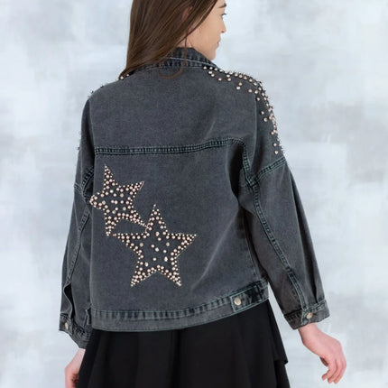 Jachetă denim  cu aplicații stea – negru - Statement Urban 7003-012 - NIZIA