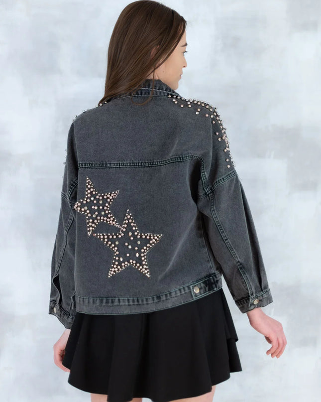 Jachetă denim  cu aplicații stea – negru - Statement Urban 7003-012 - NIZIA