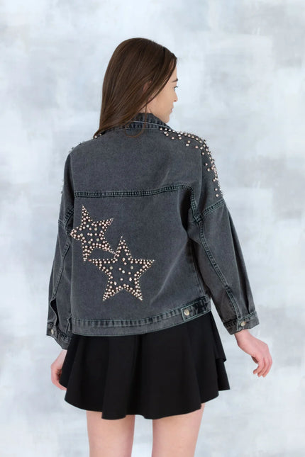 Jachetă denim  cu aplicații stea – negru - Statement Urban 7003-012 - NIZIA