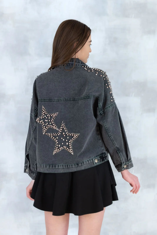 Jachetă denim  cu aplicații stea – negru - Statement Urban 7003-012 - NIZIA