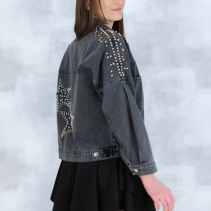 Jachetă denim  cu aplicații stea – negru - Statement Urban 7003-012 - NIZIA