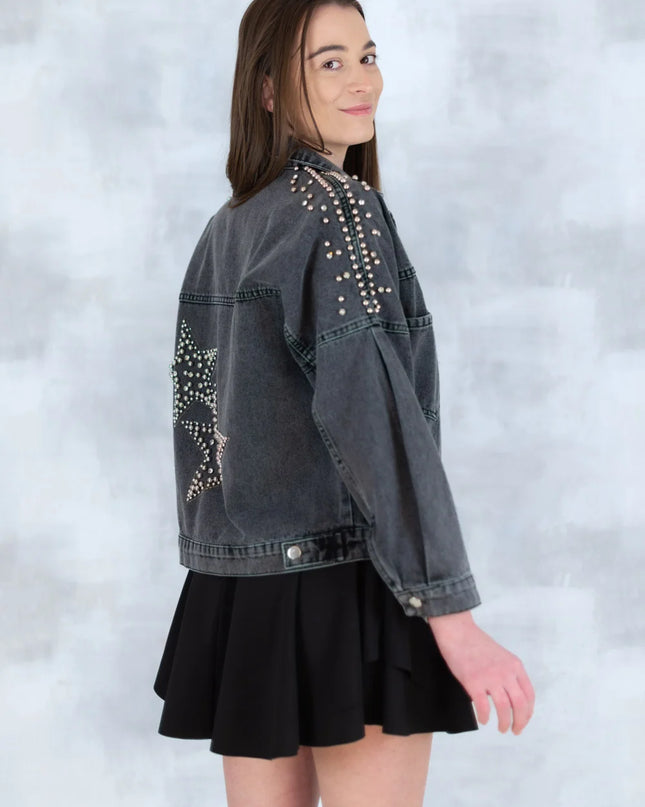 Jachetă denim  cu aplicații stea – negru - Statement Urban 7003-012 - NIZIA