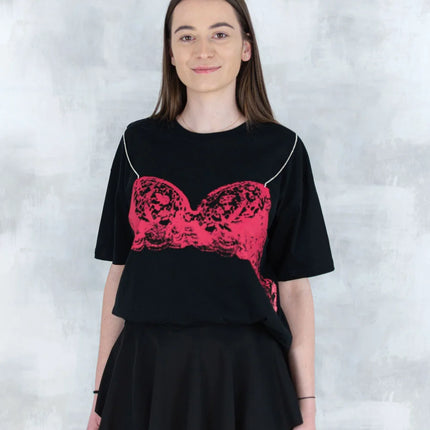 Tricou negru cu imprimeu corset și bretele din pietre aplicate 12008-017 - NIZIA