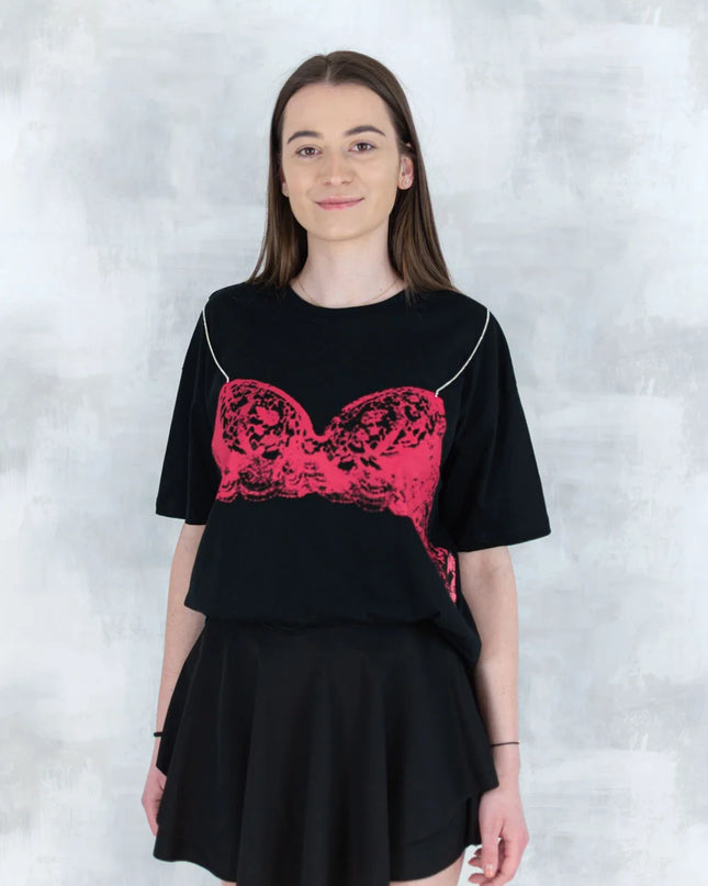 Tricou negru cu imprimeu corset și bretele din pietre aplicate 12008-017 - NIZIA