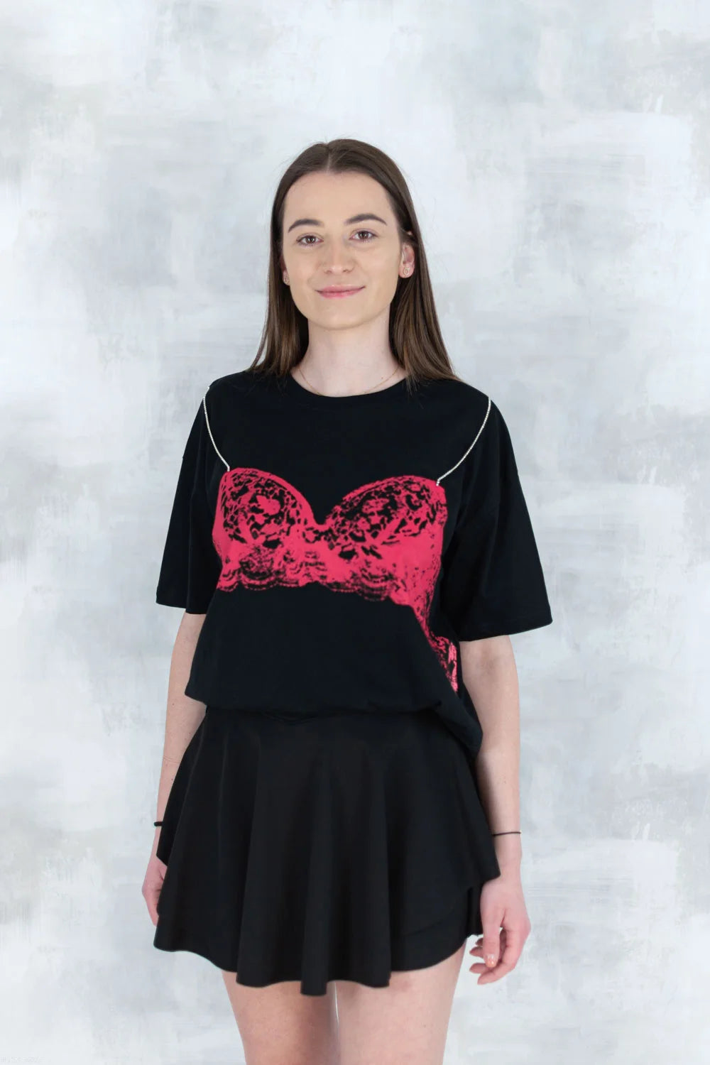 Tricou negru cu imprimeu corset și bretele din pietre aplicate 12008-017 - NIZIA