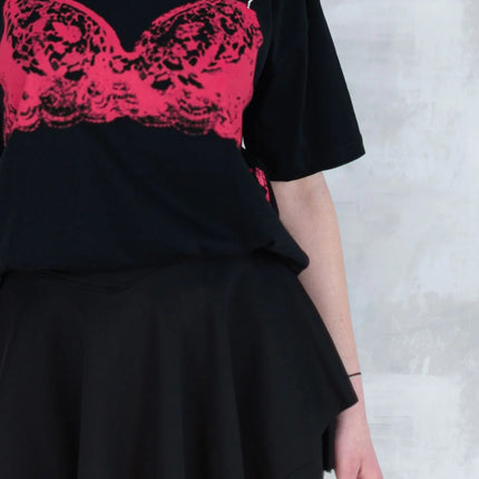 Tricou negru cu imprimeu corset și bretele din pietre aplicate 12008-017 - NIZIA