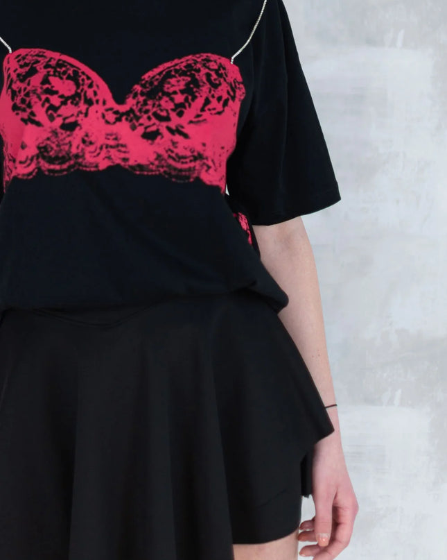 Tricou negru cu imprimeu corset și bretele din pietre aplicate 12008-017 - NIZIA