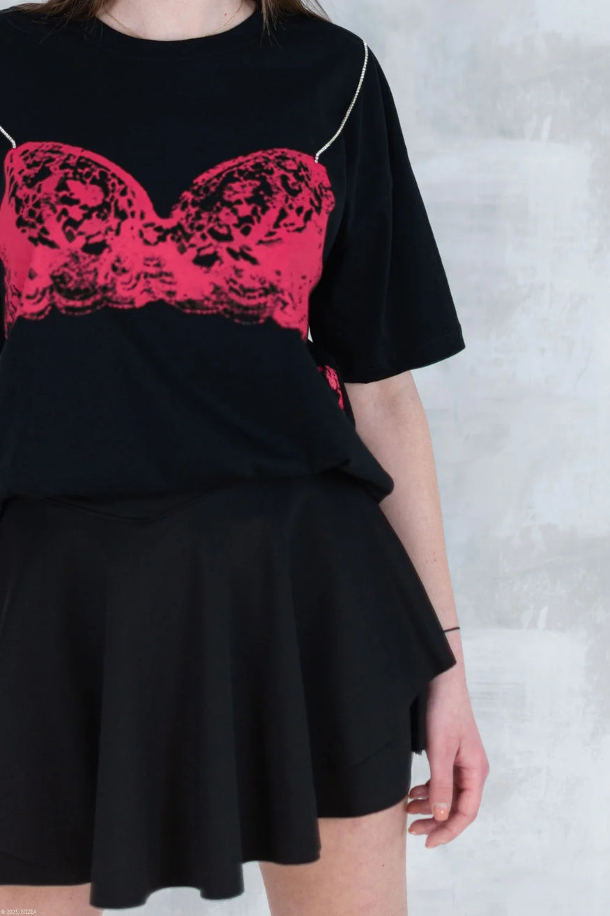 Tricou negru cu imprimeu corset și bretele din pietre aplicate 12008-017 - NIZIA