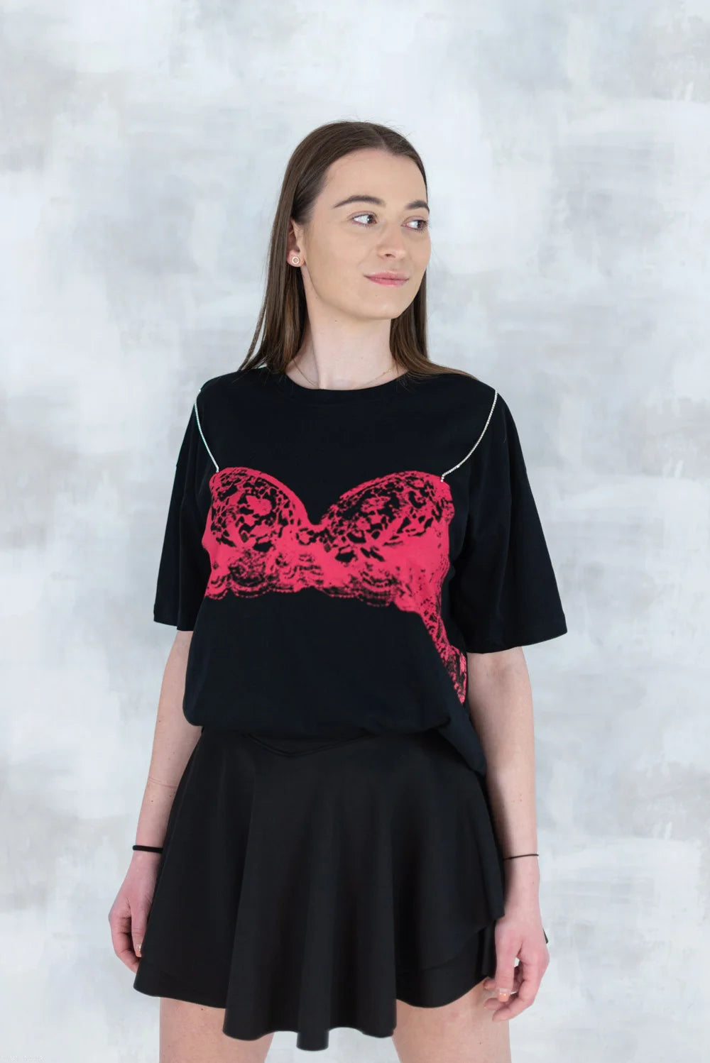 Tricou negru cu imprimeu corset și bretele din pietre aplicate 12008-017 - NIZIA