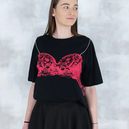 Tricou negru cu imprimeu corset și bretele din pietre aplicate 12008-017 - NIZIA