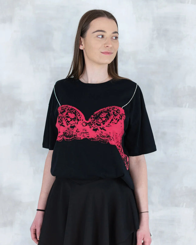 Tricou negru cu imprimeu corset și bretele din pietre aplicate 12008-017 - NIZIA