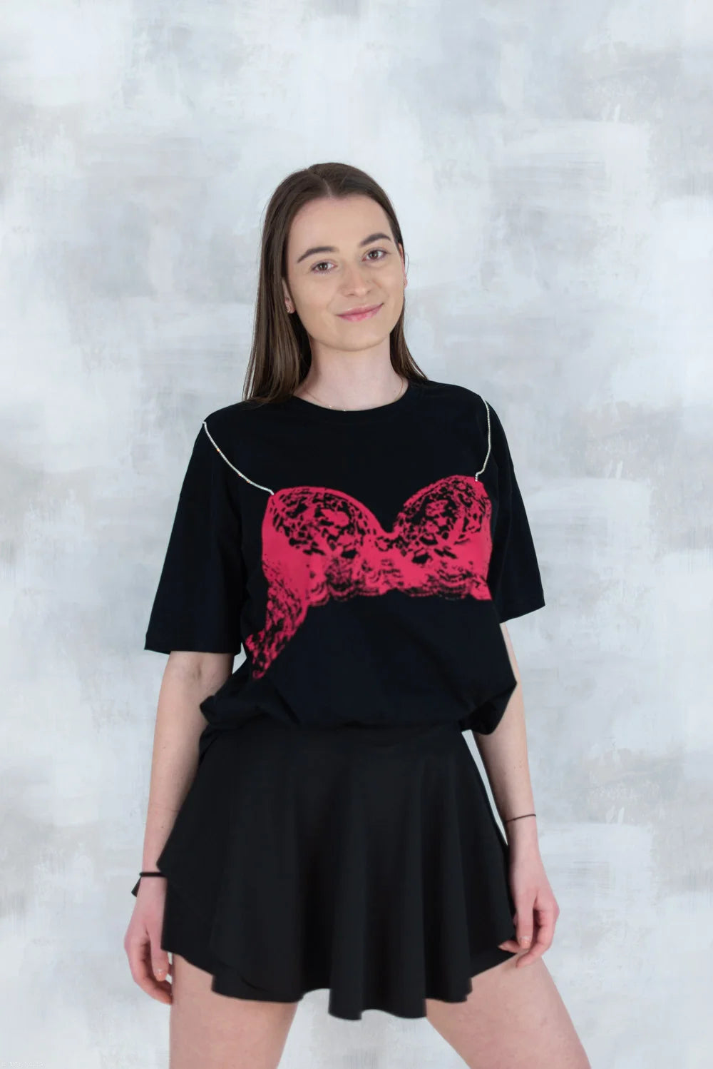 Tricou negru cu imprimeu corset și bretele din pietre aplicate 12008-017 - NIZIA