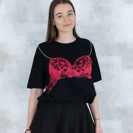 Tricou negru cu imprimeu corset și bretele din pietre aplicate 12008-017 - NIZIA