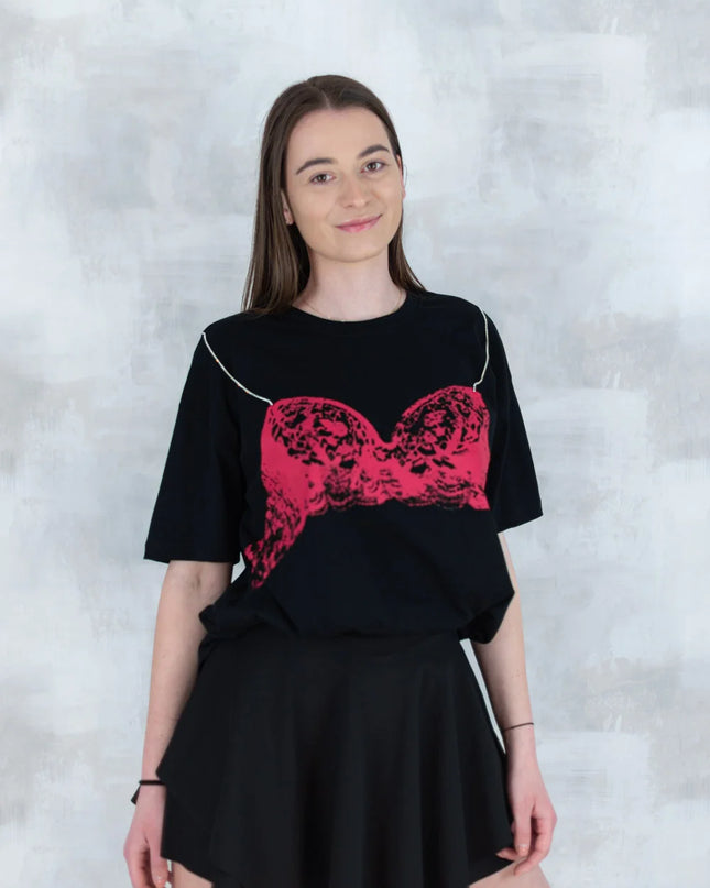 Tricou negru cu imprimeu corset și bretele din pietre aplicate 12008-017 - NIZIA